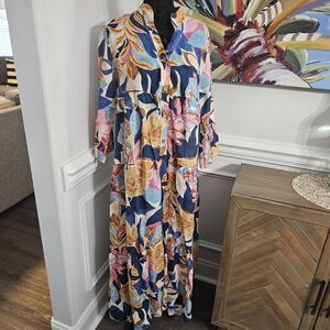 Puro Lino Tiered Floral Maxi Dress New With Tags Sz M/L  Festival Bohemian